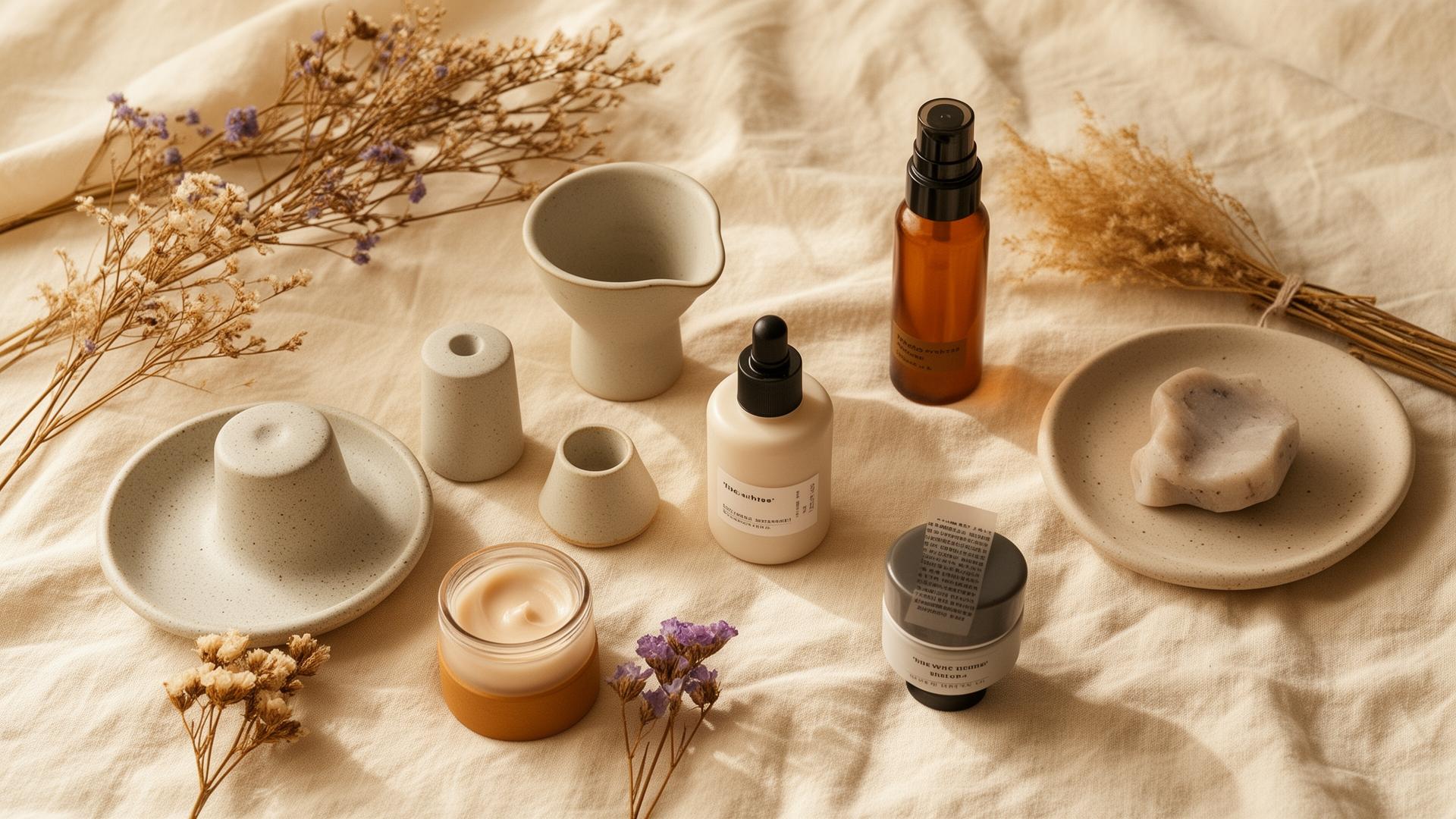 Editorial flatlay av skönhetsprodukter på linne