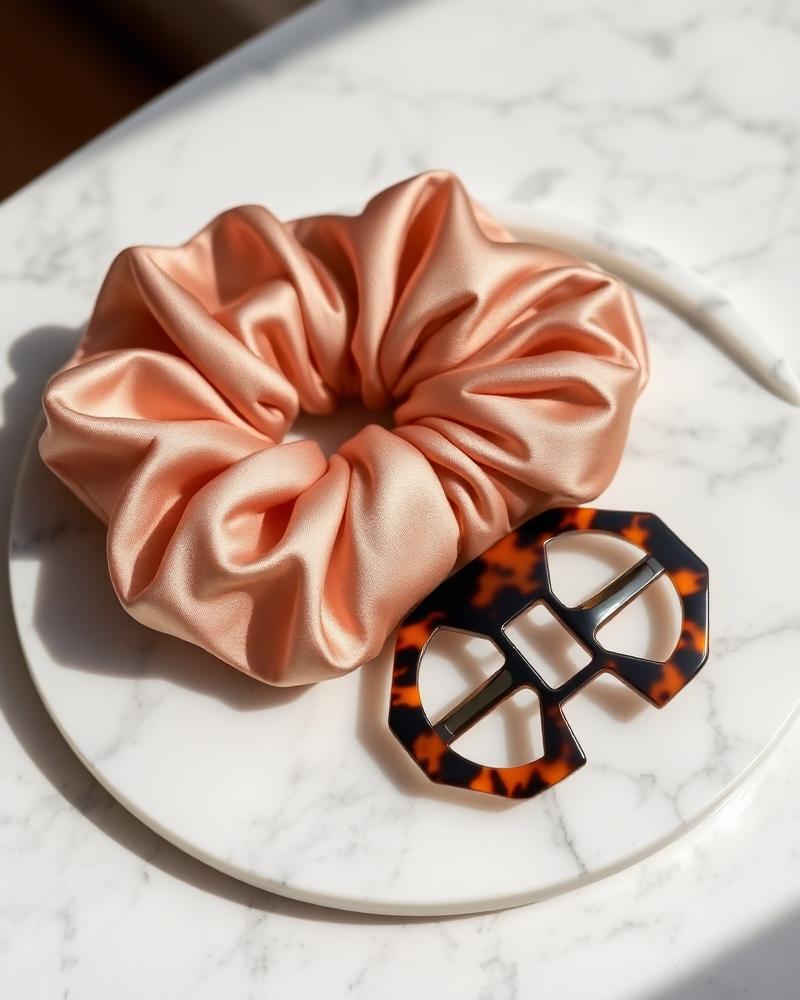 Silkesscrunchie och hårklämma på marmor